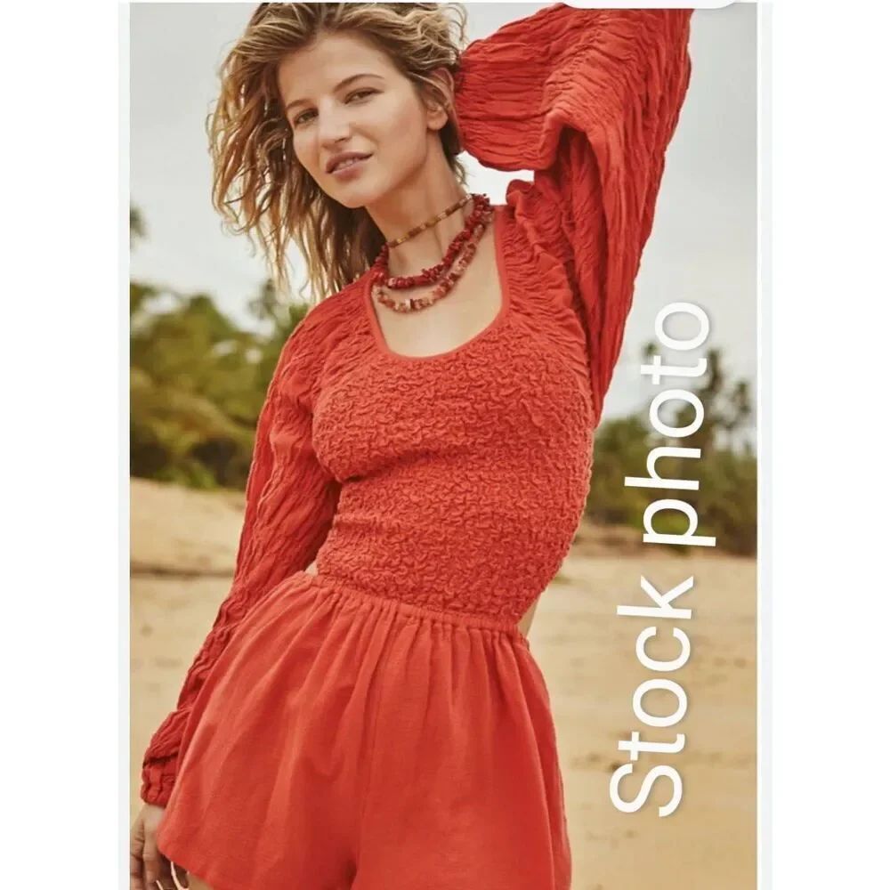Free people Brandi Romper Smocked Balloon long sleeve open back